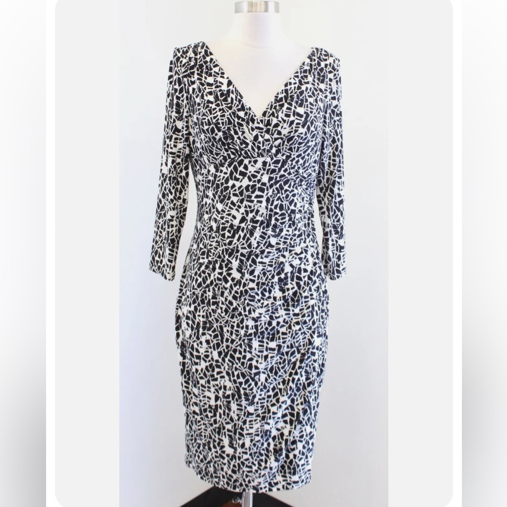 Chaps by Ralph Lauren Geometric Print Black & White Ruched Wrap Dress, Size S